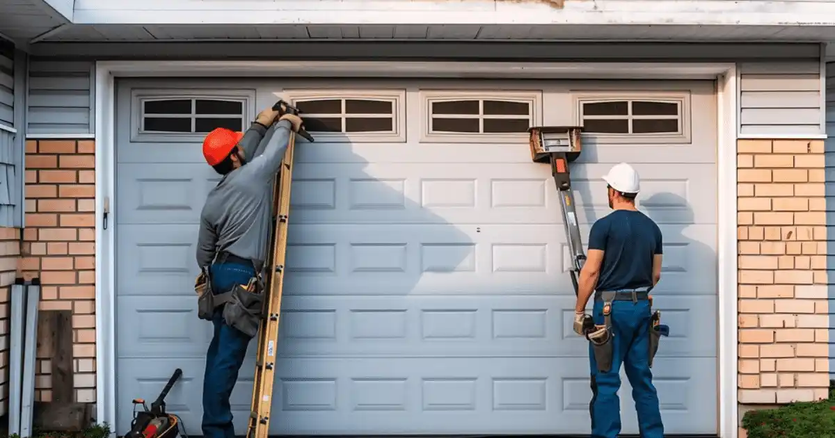 2 experts repairing a garage door