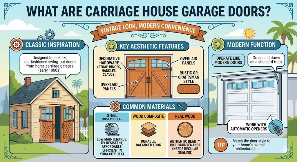 An infographic titled 'What Are Carriage House Garage Doors?' explaining the vintage swing-out aesthetic, modern upward operation, and common materials like steel and wood.