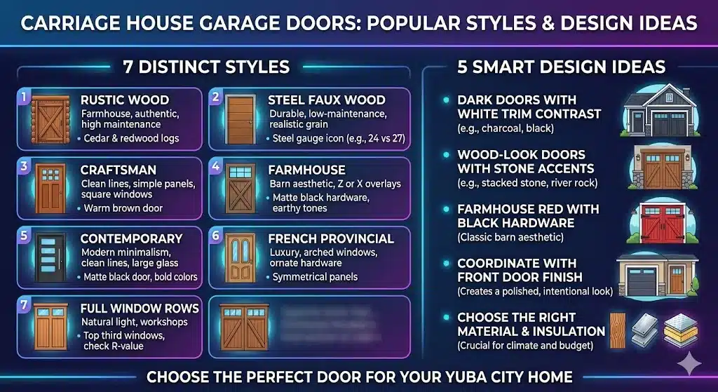 An educational infographic titled "Carriage House Garage Doors: Timeless Style, Modern Function," highlighting benefits like increased curb appeal, high resale value (90-100%), and Yuba City climate needs such as R-12+ insulation.