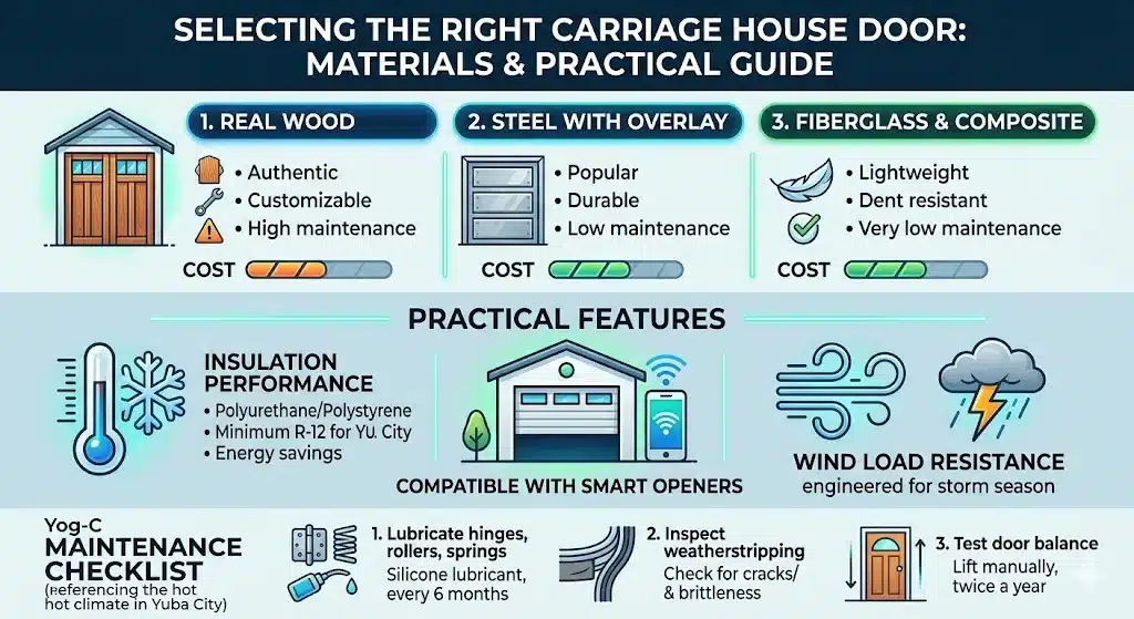 An infographic titled "Selecting the Right Carriage House Door" comparing real wood, steel, and fiberglass materials. It also highlights practical features like insulation and wind resistance, along with a three-step maintenance checklist.