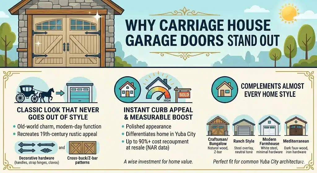 : An infographic titled "Why Carriage House Garage Doors Stand Out" showcasing their classic 19th-century design, high resale value (up to 90% cost recoupment), and how they complement home styles like Craftsman, Ranch, and Modern Farmhouse.