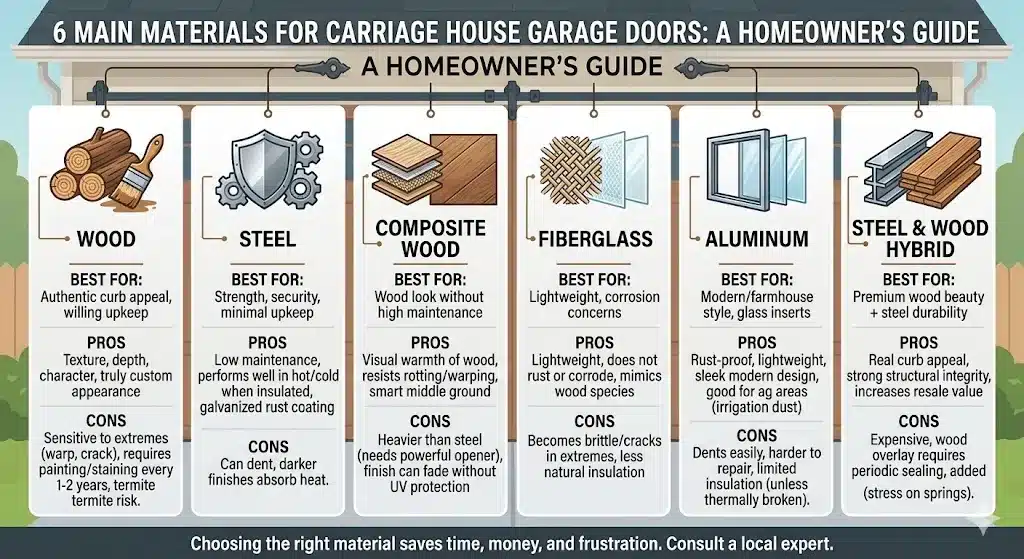 Infographic titled "6 Main Materials for Carriage House Garage Doors," comparing wood, steel, composite, fiberglass, aluminum, and hybrid options with their pros, cons, and best-fit scenarios for homeowners.