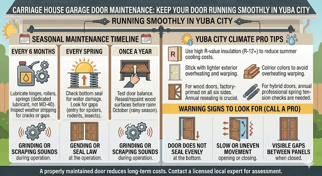 Infographic titled "Carriage House Garage Door Maintenance," featuring a seasonal upkeep timeline, climate-specific pro tips for Yuba City, and a checklist of warning signs that indicate a need for professional repair.